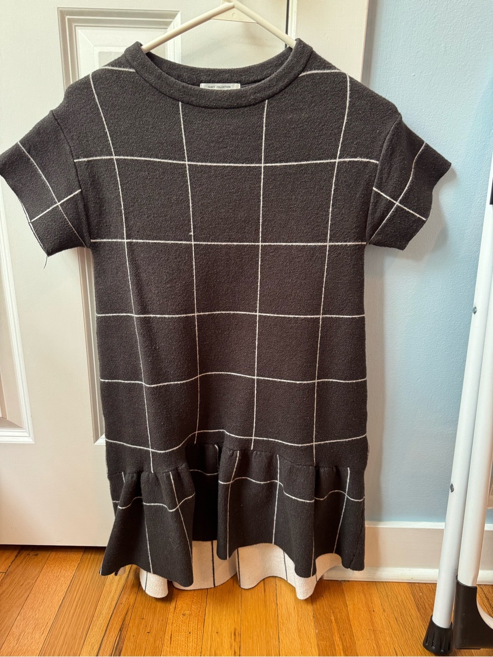 Zara Black and White Grid Knit Ruffle-Hem Dress